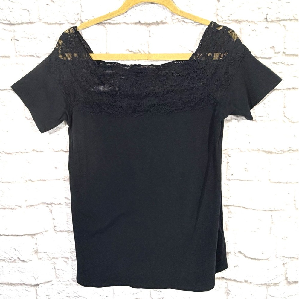 Soft Surroundings Top M Black Lace Square Neck witchy goth whimsigoth fairygoth